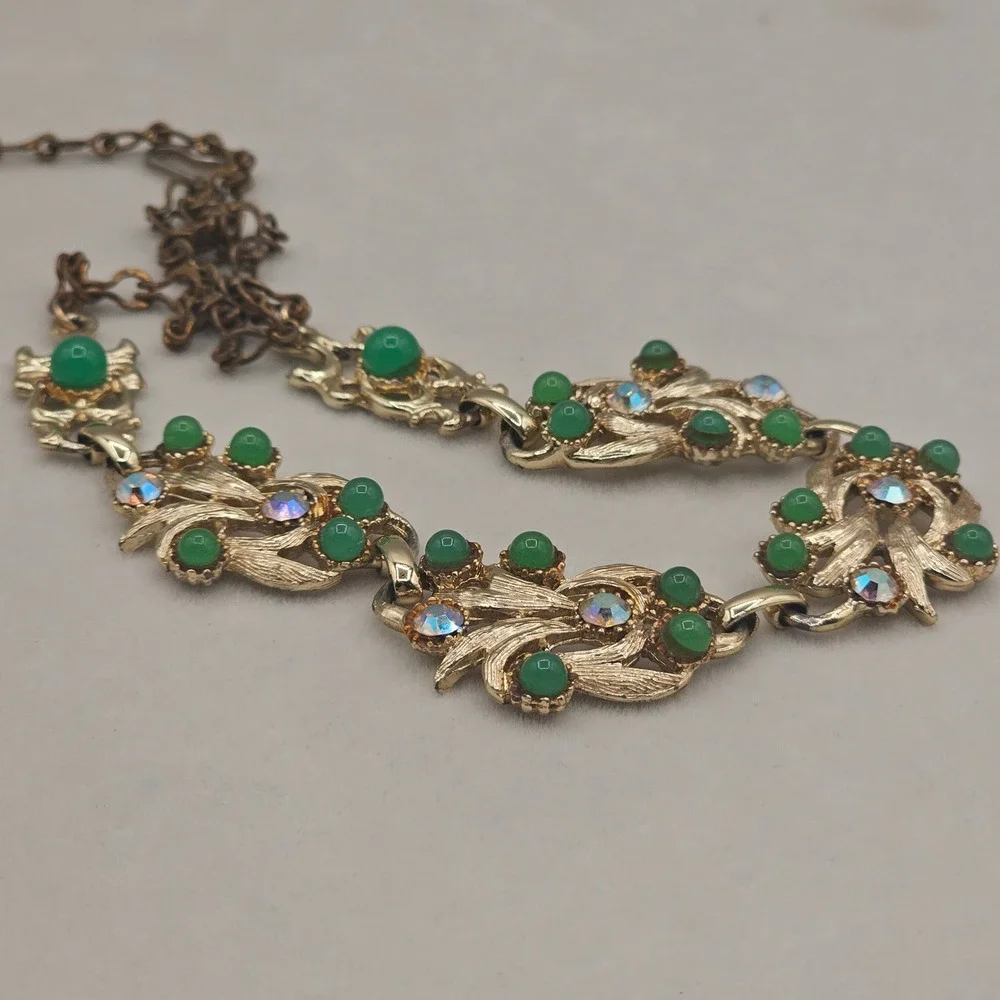 Vintage Necklace Gold Tone Green with Aurora Borealis Rhinestones